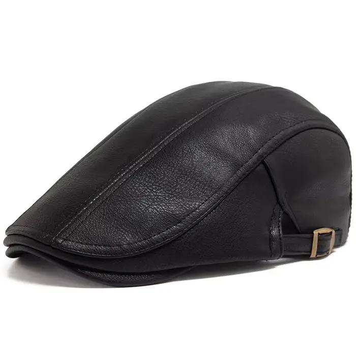 Mode hommes PU cuir béret automne hiver visière casquette plate épaissir chaud chapeau bérets Vintage angleterre gavroche casquettes de qualité supérieure
