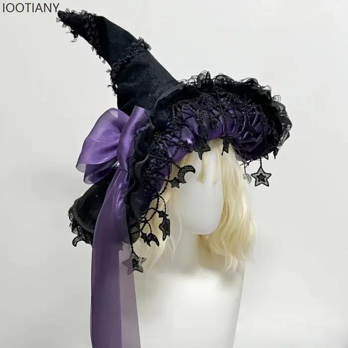 IOOTIANY Harajuku Halloween chapeau de sorcière pour femmes gothique à la main papillon perle gland dentelle Rose