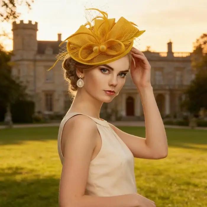 Chapeau élégant en raphia garni plumes pour femmes