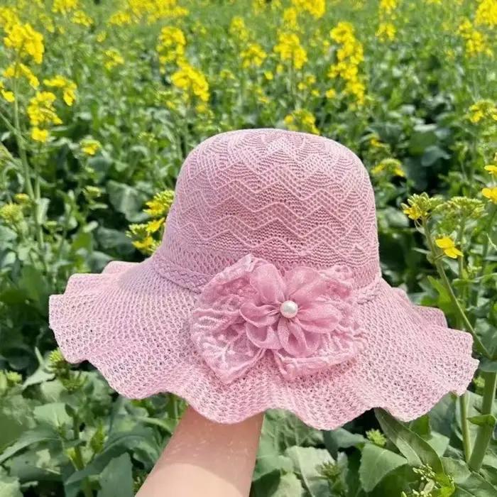 Chapeau Bob Tricoté Léger à Large Bord Couleur Unie avec Nœud en Dentelle Respirant Protection UV pour Fête