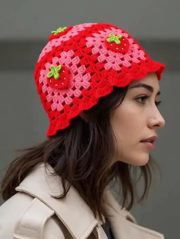 Chapeau de pêcheur en forme de fraise rouge de dessin animé pour femme