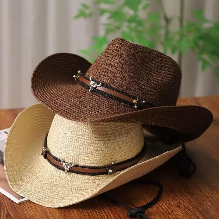 Chapeau de cowboy rétro américain avec logo tête de taureau, large bord, protection solaire, respirant, adapté aux activités de plein air, à l'équitation, aux voyages, pliable, avec sangle coupe-vent,