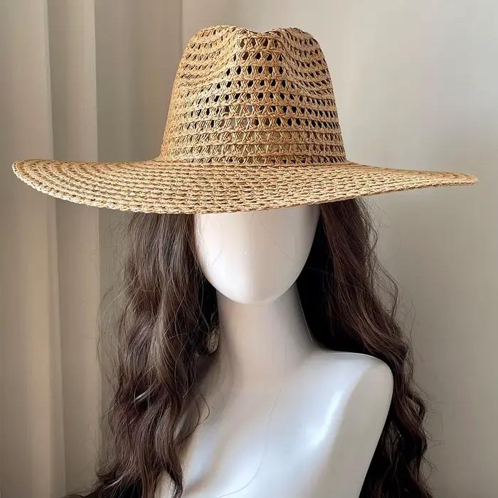 Chapeau de paille à large bord pour femme style sportif khaki beige protection solaire plage été automne printemps