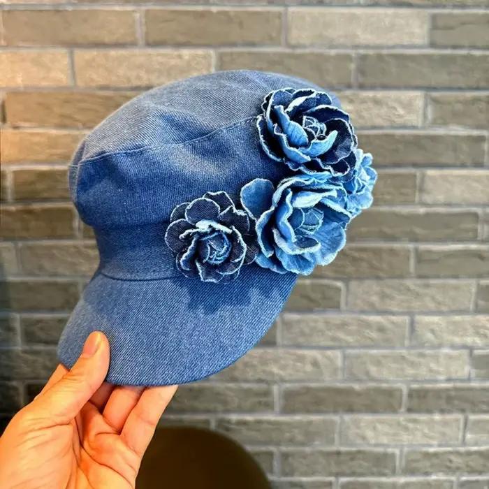 Mode Cowboy plat haut marine chapeau fleur grande tête taille Denim octogonale