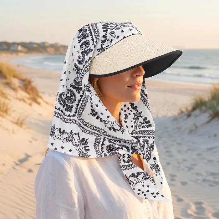 Chapeau de soleil d'été pour femme avec imprimé pois, écharpe intégrée, large bord, protection UV, pour plage et activités extérieures