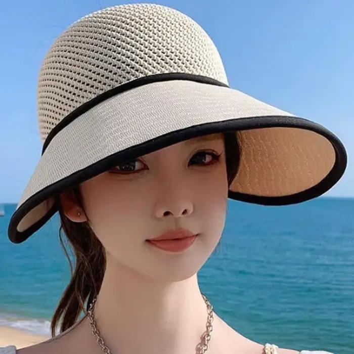 Chapeau de soleil d'été en paille avec visière large pour femmes, protection solaire, design tendance, activités extérieures, plage, randonnée, pique-nique
