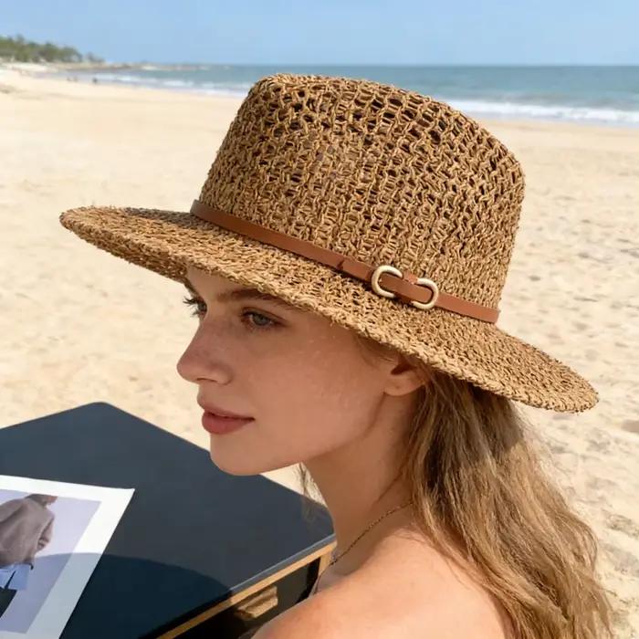 Chapeau de paille respirant à large bord ajouré avec boucle de ceinture vintage