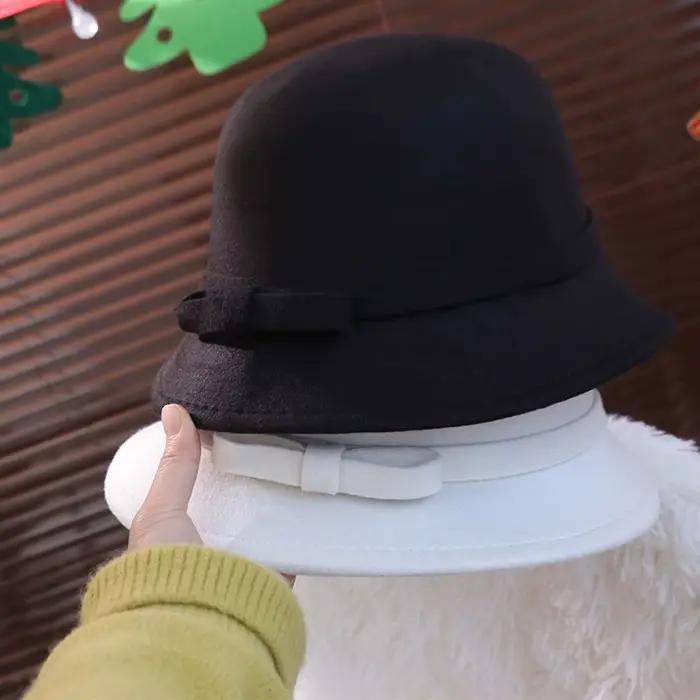 Chapeau en Tweed avec nœud de Style français, tendance, couleur unie, pour femmes, Hepburn, seau, feutre, Bowler, automne hiver