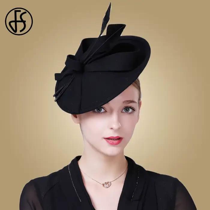 Fascinateurs Fedora en Laine Élégants pour Femmes Couleur Noir Rouge Bleu Occasion Cérémonie Mariage Église Robe de Soirée Thé Plume