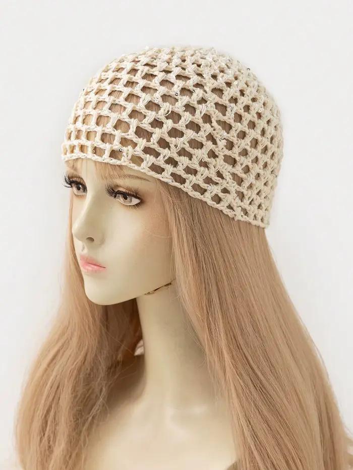 Chapeau en crochet à paillettes creuses pour femmes
