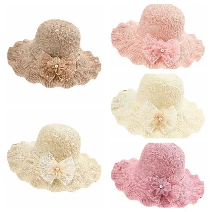Chapeau Bob Tricoté Léger à Large Bord Couleur Unie avec Nœud en Dentelle Respirant Protection UV pour Fête
