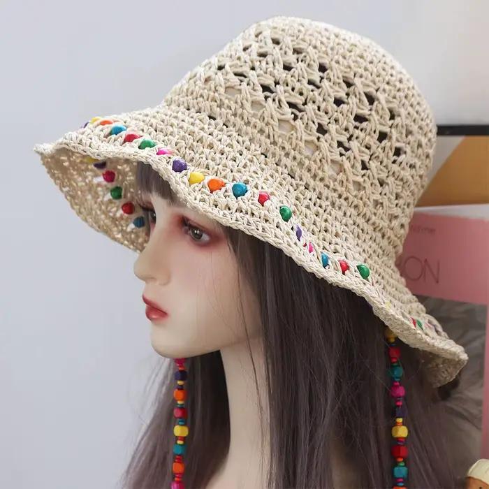 Chapeau de paille pour femme avec perles colorées, style pastoral, protection UV, idéal pour été, plage, voyages et occasions décontractées
