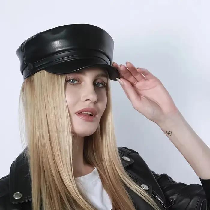 Casquette militaire en cuir véritable pour hommes