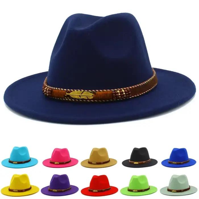 Hommes femmes Fedora chapeau feuille cuir ceinture large bord