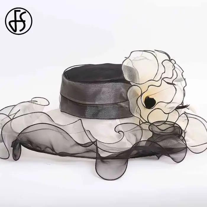FS Organza Kentucky Derby Fascinators chapeau pour femmes dames à large bord chapeaux de soleil fleurs élégant mariage mariée église fête Fedoras