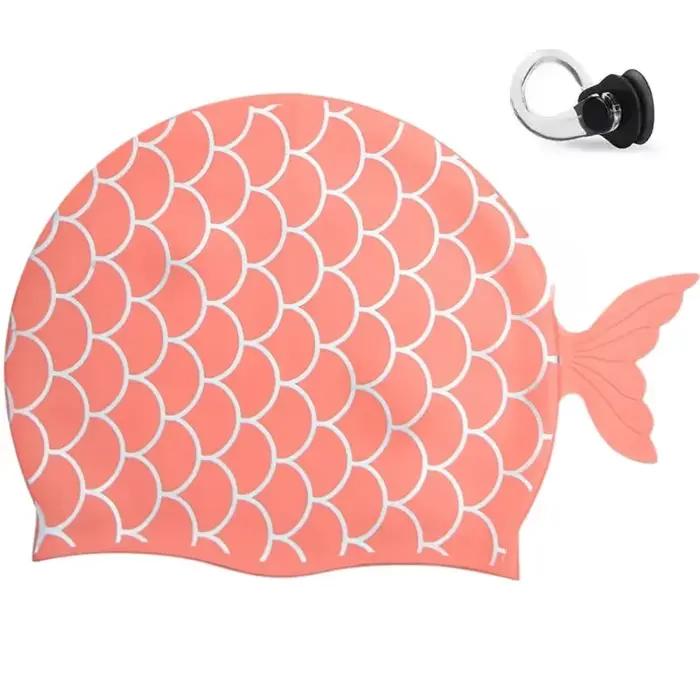 Bonnet de bain en silicone avec queues de poisson pour enfant, protection des cheveux et oreilles, accessoire de natation pour baignade et activités aquatiques