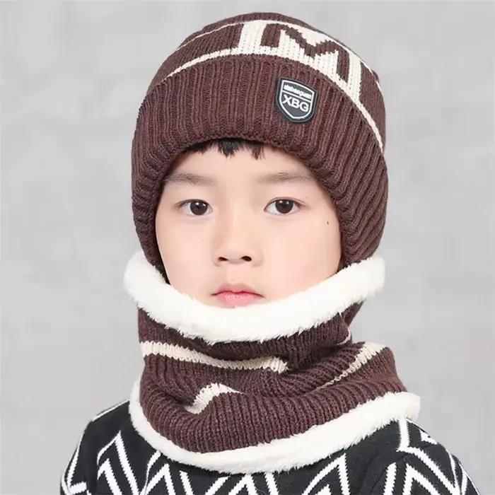 Enfant hiver tricoté chapeau écharpe garçon filles extérieur chaud en peluche bonnets