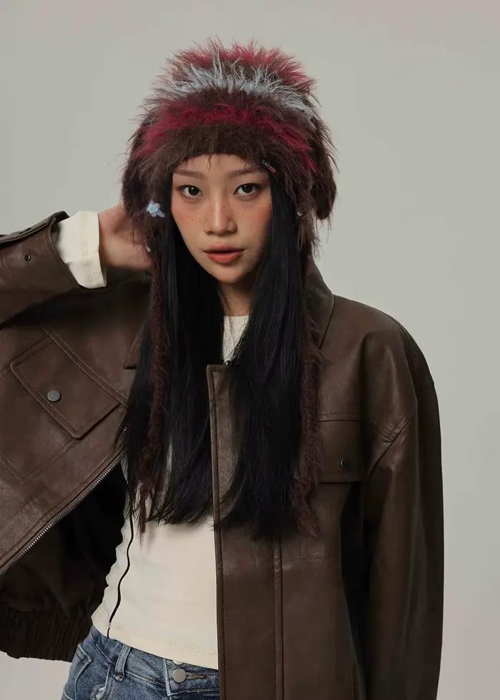 Stripecony cheveux Crochet à main chapeau FUR femmes hiver épaissi chaud tricoté laine casquette froide grande tête