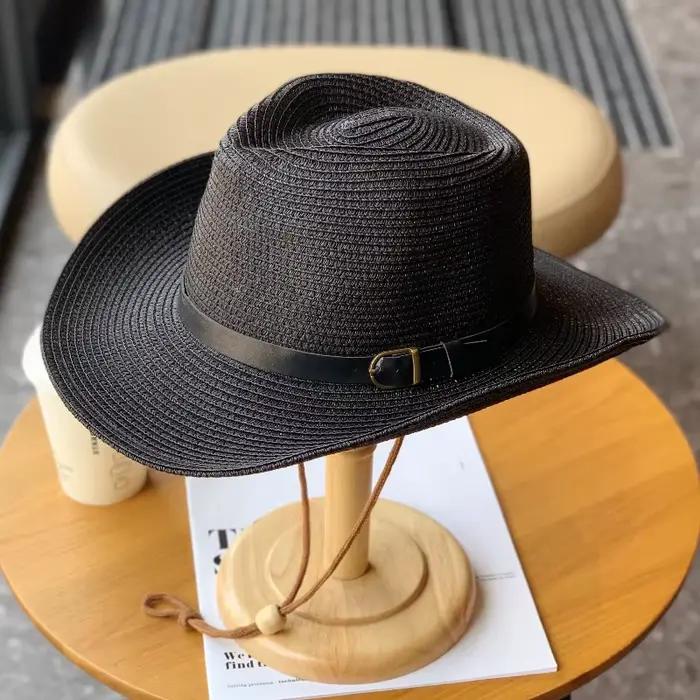 Chapeau de paille de cowboy western d'été 62 cm à large bord roulé pour hommes et femmes