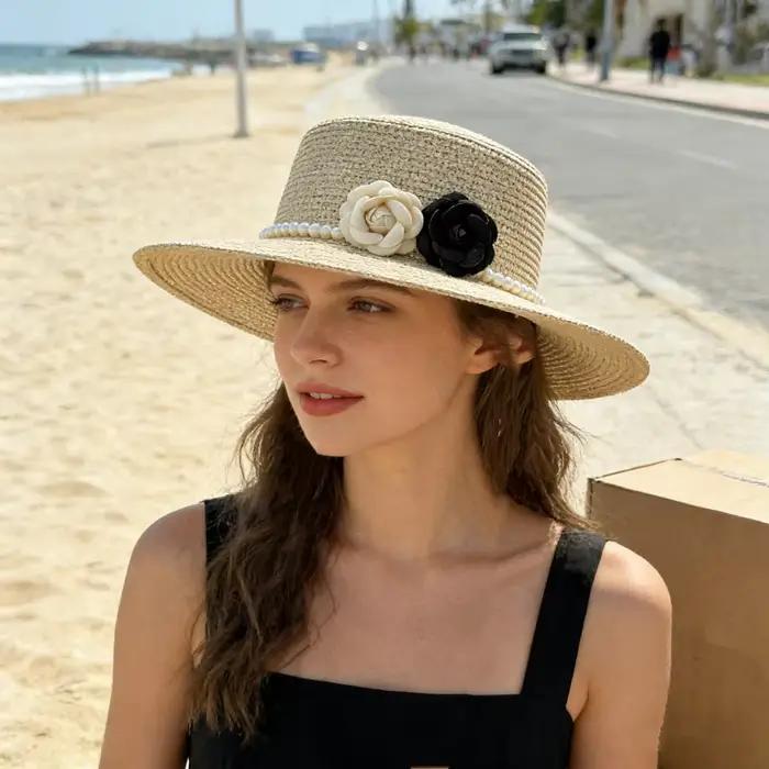 Chapeau de paille rétro de style français avec décoration en perles