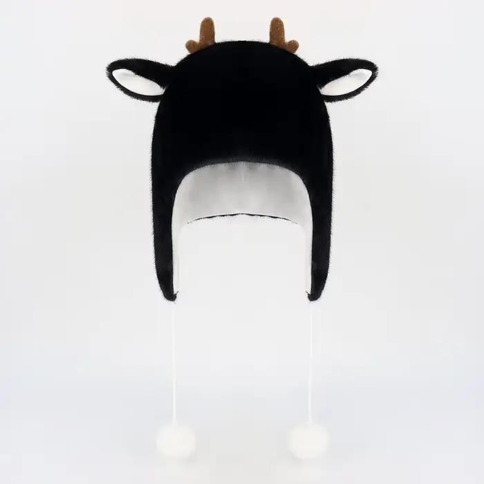 Accessoire de noël Cos Adorable chapeau à capuche en peluche bois automne hiver tricoté Pom-Pom