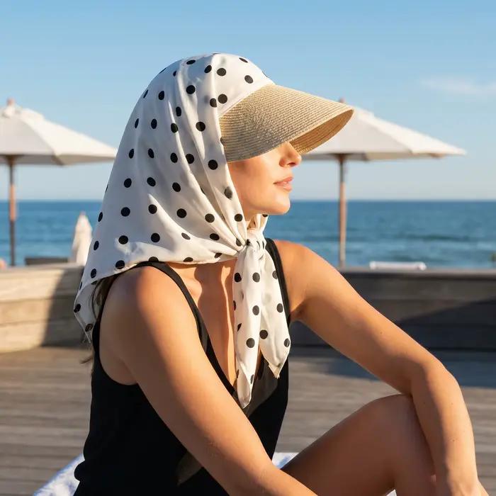 Chapeau de soleil d'été pour femme avec imprimé pois, écharpe intégrée, large bord, protection UV, pour plage et activités extérieures