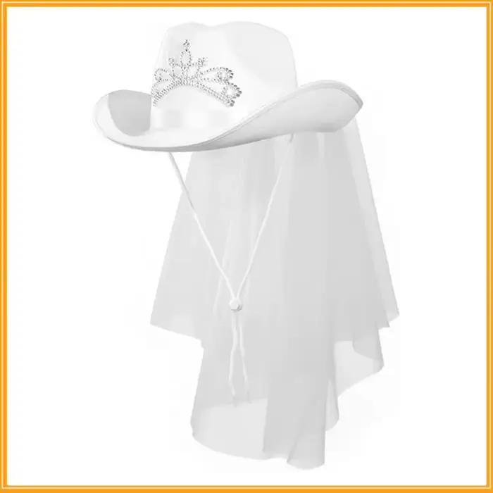 Chapeau de cowboy de mariée brodé de diamants blancs avec fil