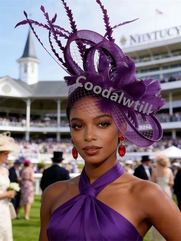 Dames violet plume cheveux pilulier Fascinator chapeau femmes élégant Royal Ascot maille chapeaux