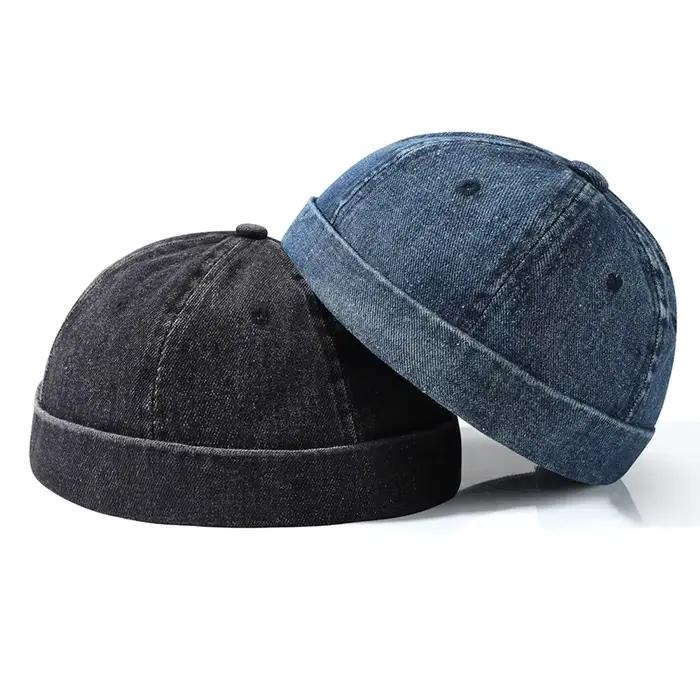 Hip Hop bleu Denim lavé coton propriétaire chapeau Docker casquette bord roulé sans bride marin