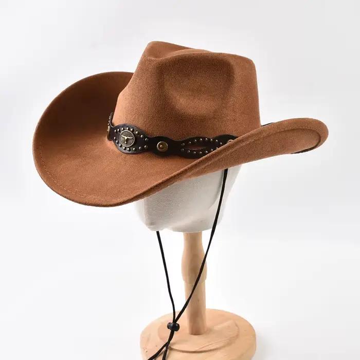 Chapeau de cowboy vintage à bord roulé avec rivets tête de taureau pour homme et femme polyvalent pour voyager et occasions spéciales