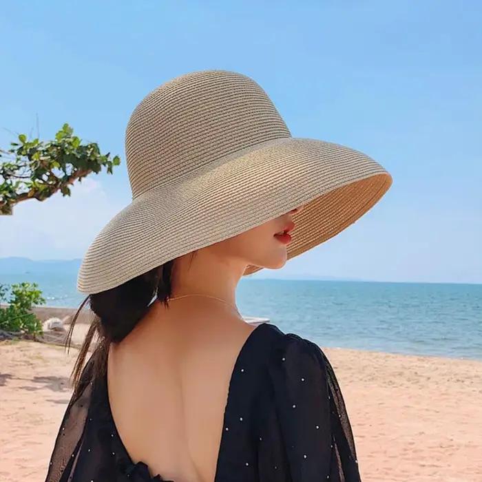 Chapeau de paille anderpour pour femmes élégant à large bord protection solaire style Hepburn plage été