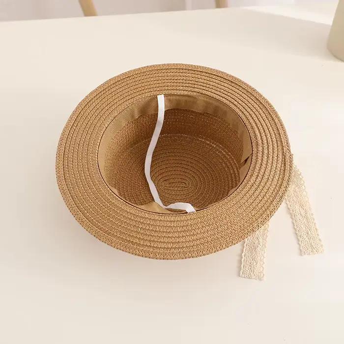 Chapeau de paille à large bord avec manchettes en dentelle pour enfant 3-6 ans été printemps occassions spéciales plage parc piscine