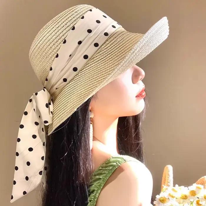 Chapeau de paille d'été à pois avec ruban pour femme