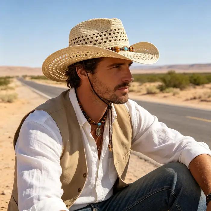 Chapeau de paille en denim tressé ajouré style bohème