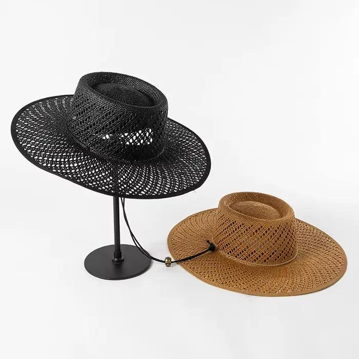 Chapeaux de paille de plage creux à grand bord pour femmes