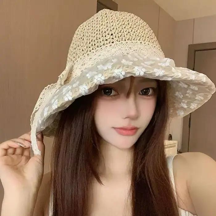 Chapeau de soleil élégant en paille respirant à large bord pour femme