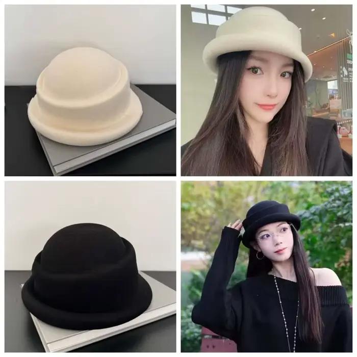 Élégant Vintage Look laine bord roulé casquette béret polyvalent britannique haut-de-forme rétro couleur unie