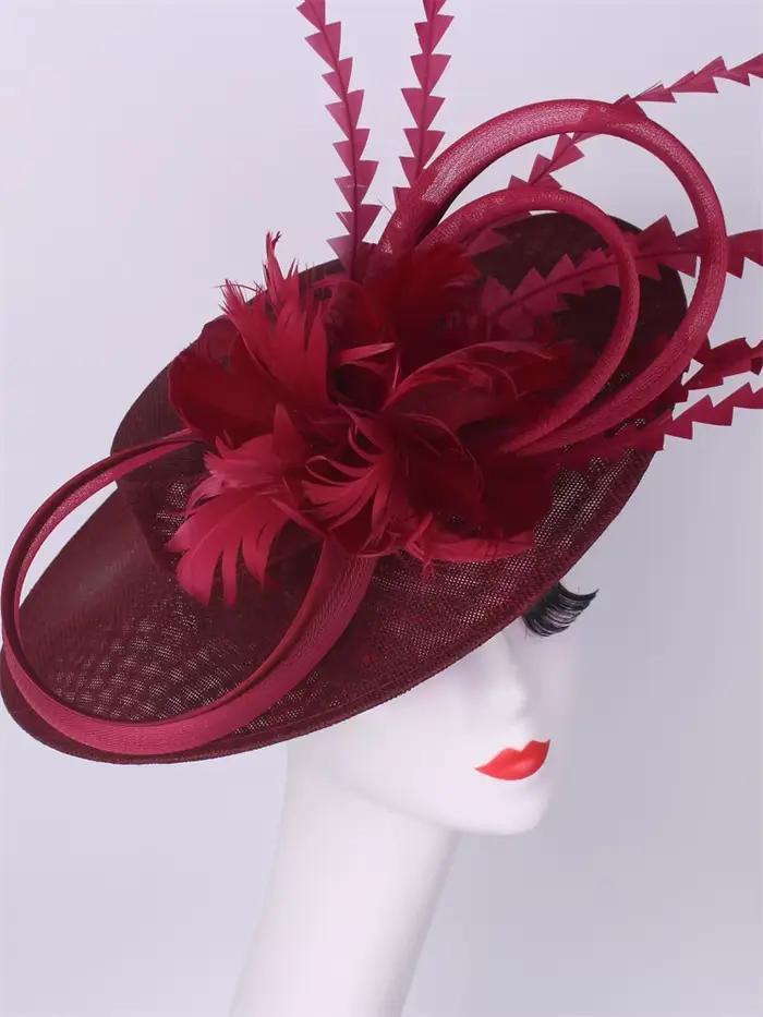 Bourgogne chapellerie casquettes bandeaux accessoires Imitation Sinamay Derby Cocktail chapeau femmes mariée cheveux Fascinator plume fantaisie