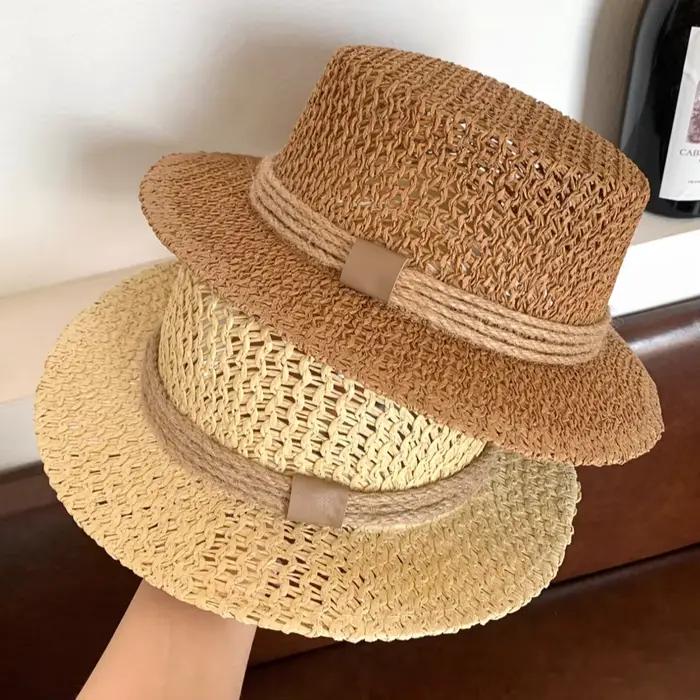 Chapeau de paille rétro coréen ajouré à dessus plat pour femme