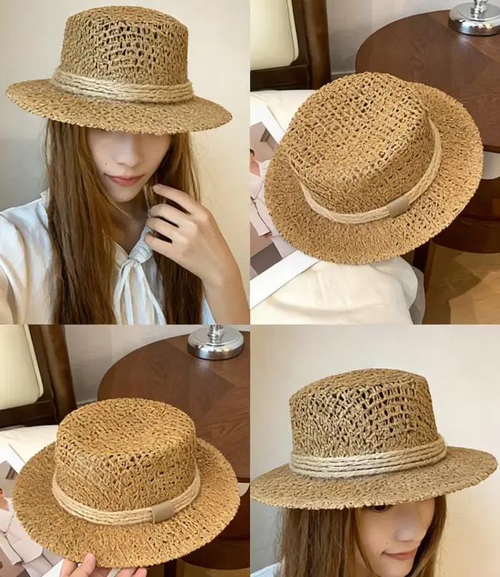 Chapeau de soleil vintage en paille tressée ajourée à large bord
