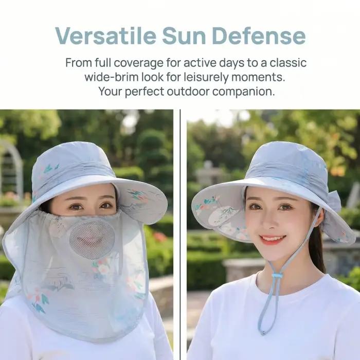 Chapeau de pêche femme protection UV bord large cache-visage amovible cache-nuque respirant activités plein air