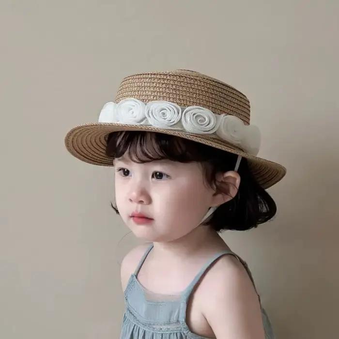 Nouveau été bébé casquettes de paille plage française fleur dentelle chapeau