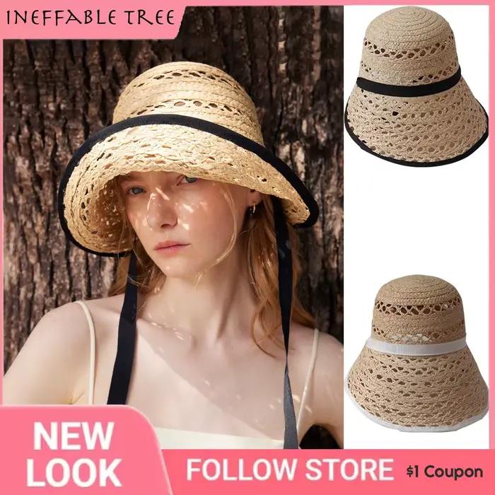 Chapeaux de soleil en raphia véritable français à lacets pour femmes