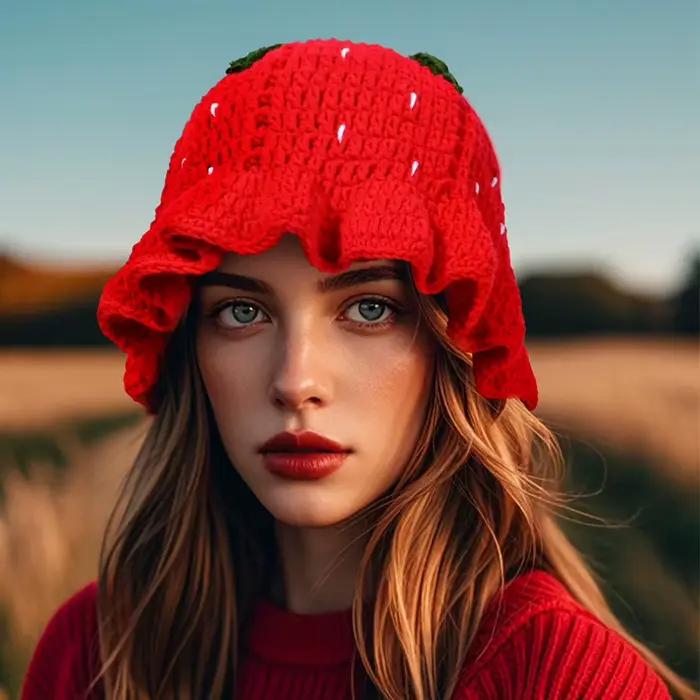 Casquette de neige hommes femmes fraise Crochet chapeau à la main Floral Portable tricoté mignon Vintage fleur