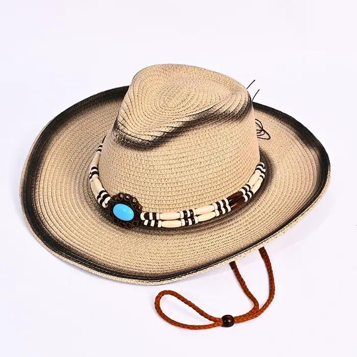 Chapeau de Cowgirl en paille avec ceinture de perles pour hommes et femmes