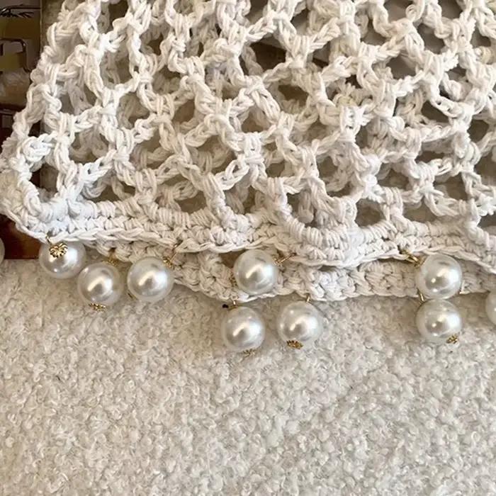 Mode perles rondes tricoté chapeau Crochet perle frangée tissé pour les femmes voyage polyvalent creux respirant rétro bonnets casquette