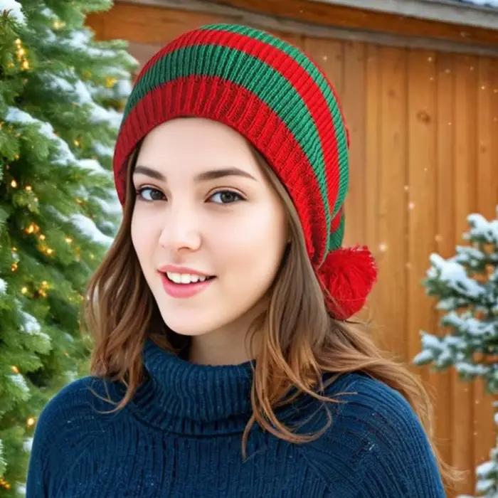 Chapeau de noël tricoté avec rayures rouges et vertes et boule de fourrure
