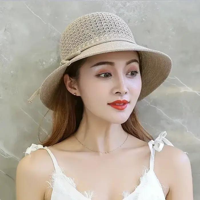 Chapeaux pour femmes été tressé plage chapeau de soleil couleur unie parasol dame visière 6cm bord