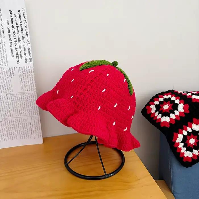 Casquette de neige hommes femmes fraise Crochet chapeau à la main Floral Portable tricoté mignon Vintage fleur