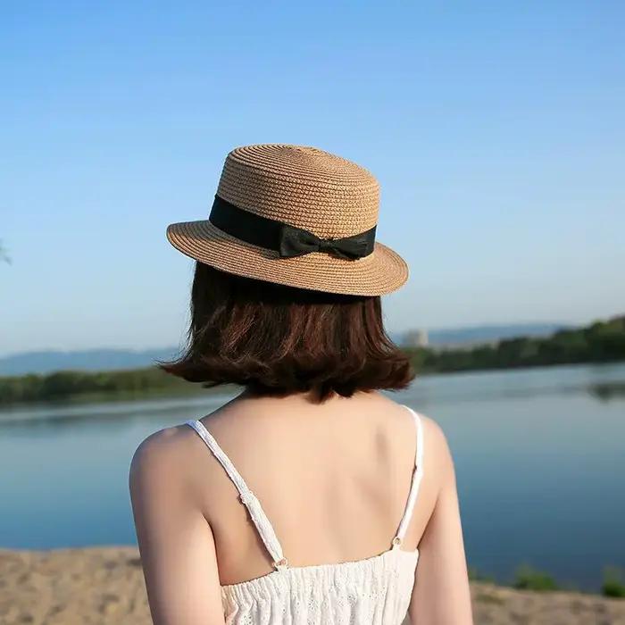 COKK Panama Simple été chapeau de plage femme décontracté dame femmes bord plat nœud papillon casquette de paille filles
